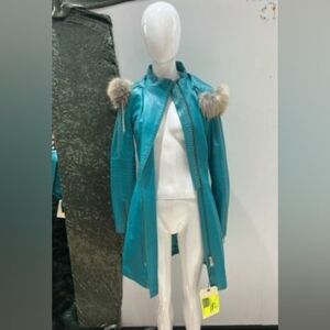 Stylish Teal Leather Jacket with Fur Accents